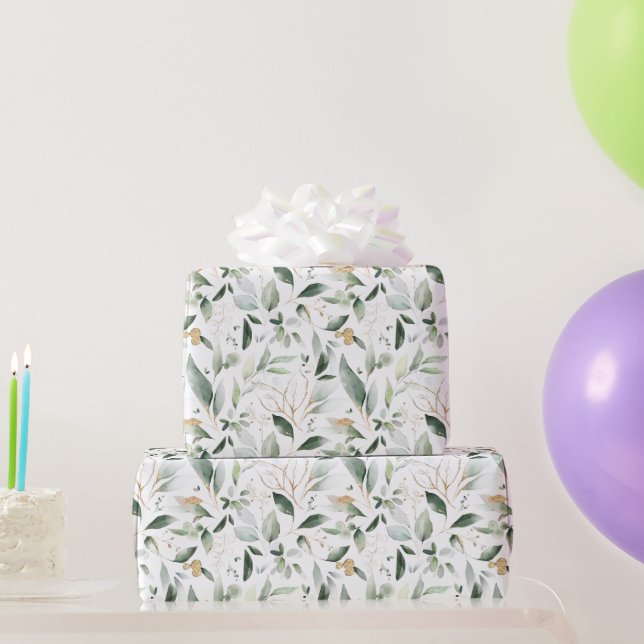 Papel de regalo de follaje verde y hojas doradas (Regalos de fiesta)