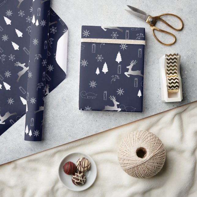 Papel de regalo de fondo oscuro con renos plateado (Artesanía)