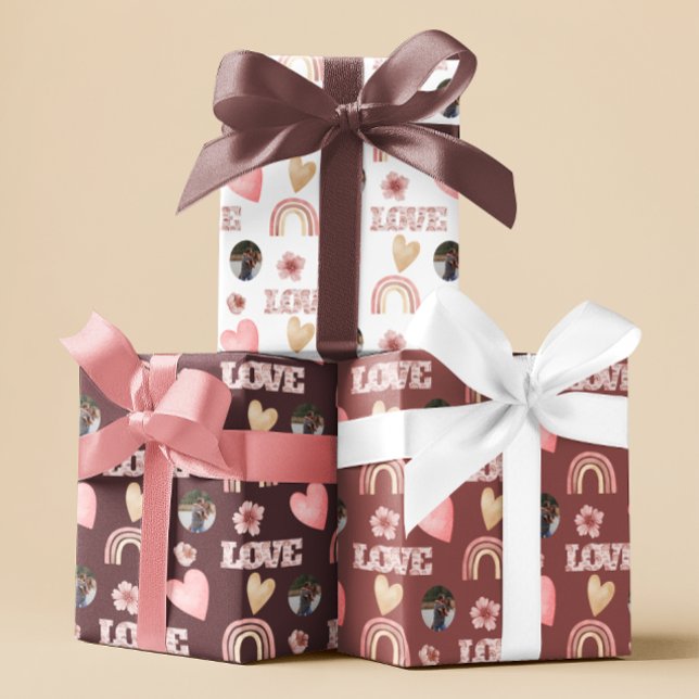 Papel de regalo de foto arcoíris boho de amor (Celebrate your love with these personalized photo boho watercolor rainbow wrapping paper sheets! )