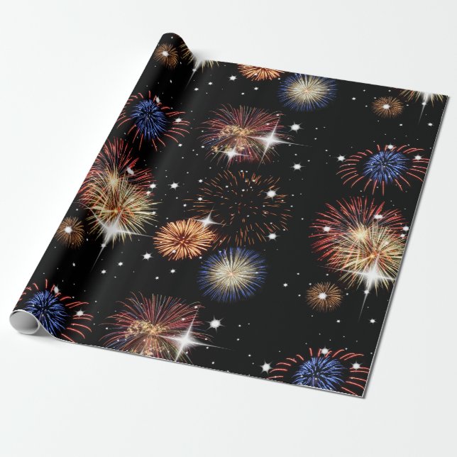 Papel de Regalo de Fuegos Artificiales y Estrellas (Desenrollado)