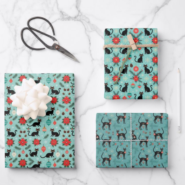 Papel de regalo de gato de Navidad retro moderno d (Anverso)