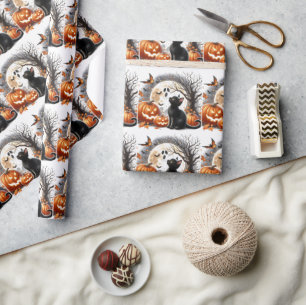 Papel de regalo de gato y calabaza de Halloween vi