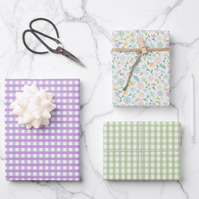 Papel de regalo de gingham púrpura y floral S (Anverso)