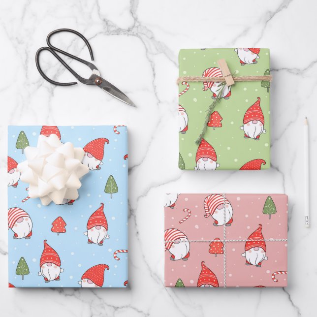 Papel de regalo de Gnomos de Navidad Juego de 3 (Anverso)