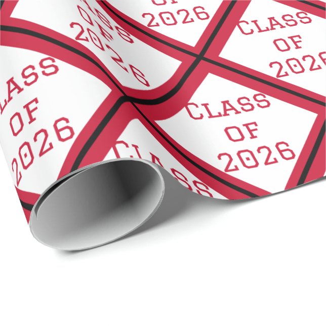 Papel de Regalo de Graduación Rojo y Blanco | 2026 (Esquina del rollo)