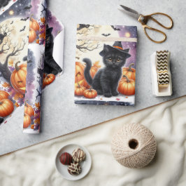 Papel de regalo de Halloween de gatito negro lindo