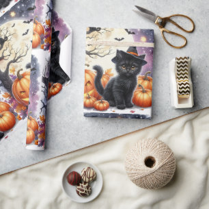 Papel de regalo de Halloween de gatito negro lindo