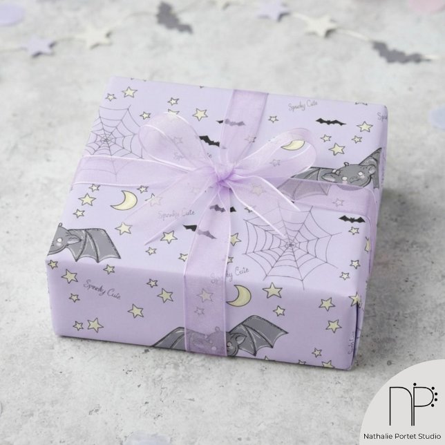 Papel de regalo de Halloween de murciélagos lindos (Hand-drawn baby bat star moon pastel purple Halloween wrapping paper unique gift wrap)