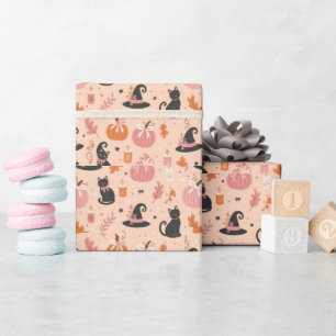Papel de regalo de Halloween rosa lindo con gatos