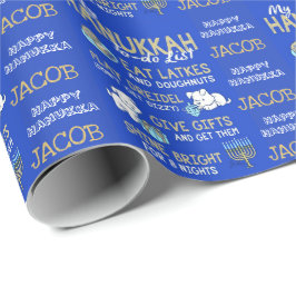 Papel de regalo de Hanukkah con el nombre del niño