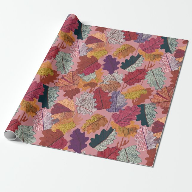 Papel de regalo de hojas de otoño con lápiz de col (Desenrollado)