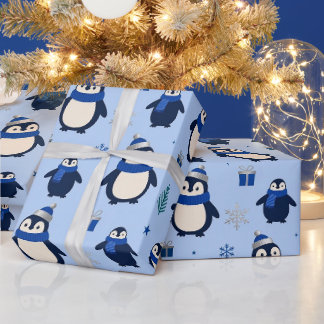 Papel de regalo de invierno de pingüino juguetón