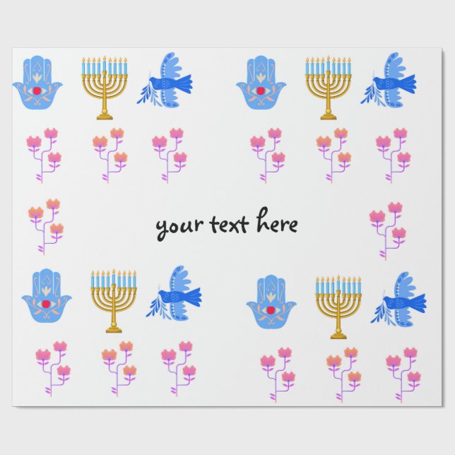 Papel de regalo de Janucá – Menorá, Hamsa, Paloma (Superficie plana)