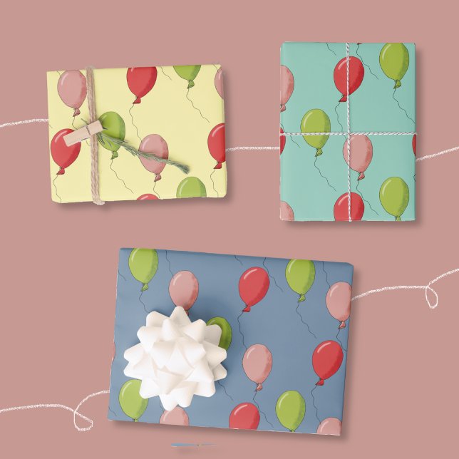 Papel de regalo de láminas planas con patrón de gl (Balloon pattern wrapping paper sheets (yellow , green and blue).)