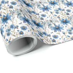 Papel de regalo de libélula azul y flores