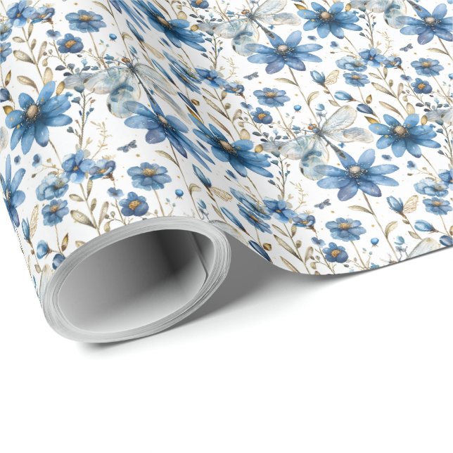 Papel de regalo de libélula azul y flores (Esquina del rollo)