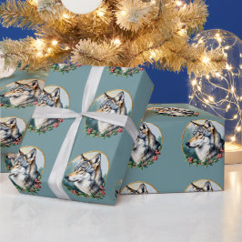Papel de regalo de lobo de arte popular azul atenu