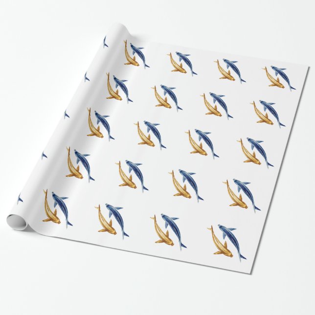 Papel de regalo de los pescados de Koi del azul y (Desenrollado)