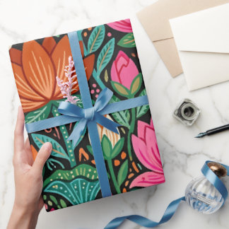 Papel de regalo de lotos y mariposas de arte popul