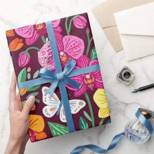 Papel de regalo de mariposas de orquídea abstracta