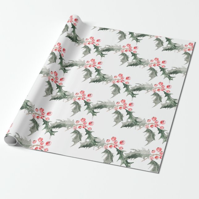 Papel de Regalo de Navidad Acuarela Botánica (Desenrollado)
