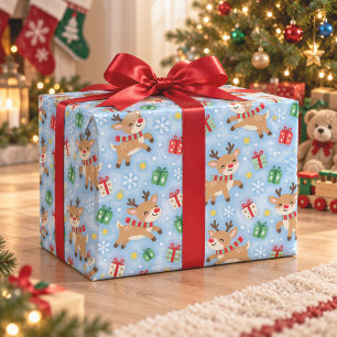 Papel de regalo de Navidad azul con renos lindos p