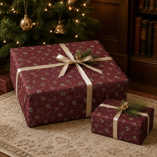 Papel de regalo de Navidad botánico de Borgoña (Burgundy Botanical Christmas Wrapping Paper)
