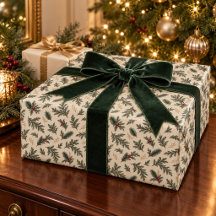 Papel de regalo de Navidad botánico de hoja perenn