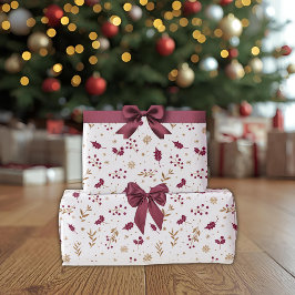 Papel de regalo de Navidad Burgundy Holly & Gold