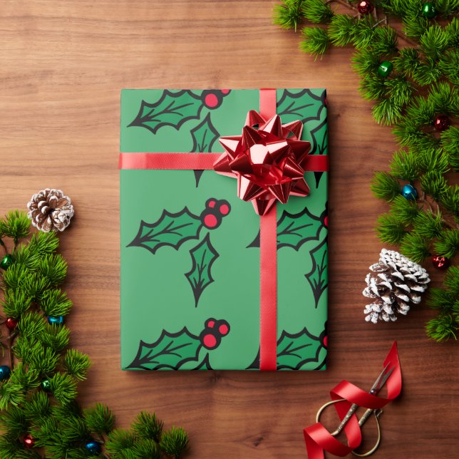 Papel de regalo de Navidad con acebo verde retro (Regalo de vacaciones)