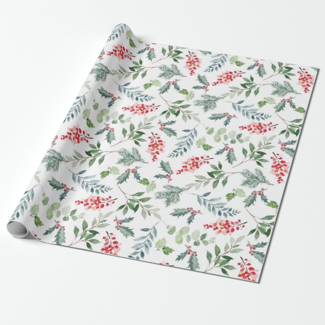 Papel de regalo de Navidad con bayas de acebo (Desenrollado)