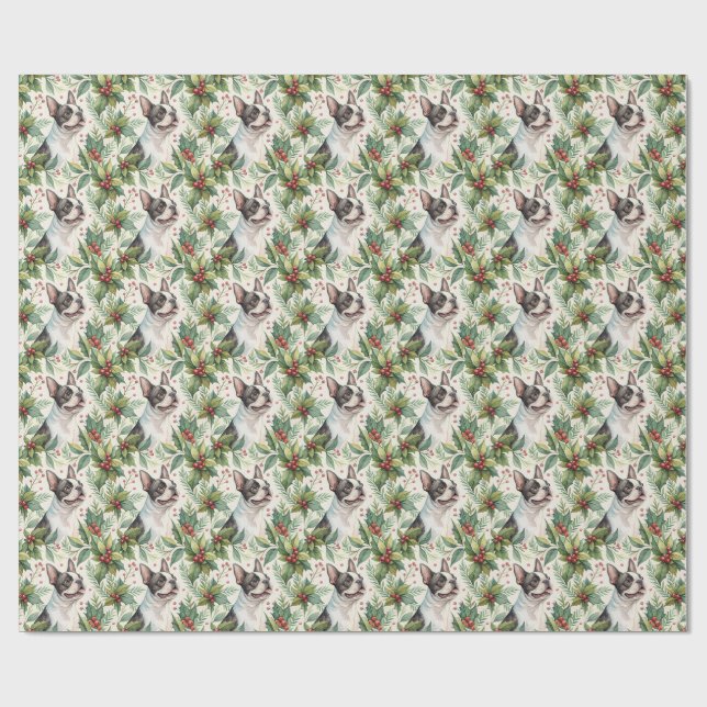 Papel de regalo de Navidad con Boston Terrier (Superficie plana)