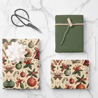 Papel de regalo de Navidad con caramelos y adornos