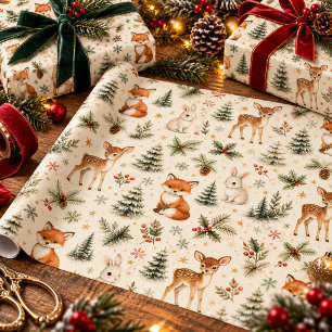 Papel de regalo de Navidad con ciervos, zorros y c
