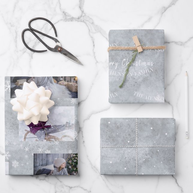 Papel de regalo de Navidad con copos de nieve gris (Anverso)