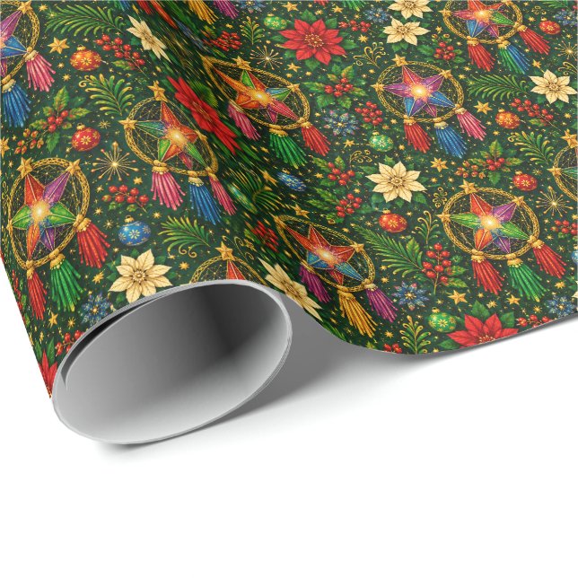 Papel de regalo de Navidad con farolillo de estrel (Esquina del rollo)