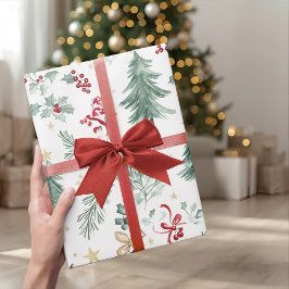 Papel de regalo de Navidad con follaje en acuarela