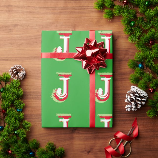 Papel de regalo de Navidad con monograma rojo y ve (Regalo de vacaciones)