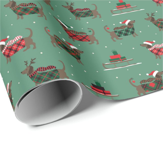 Papel de regalo de Navidad con perro Dachshund lin (Esquina del rollo)