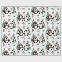 Papel de regalo de Navidad con pingüinos y copos d