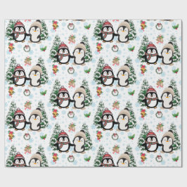 Papel de regalo de Navidad con pingüinos y copos d