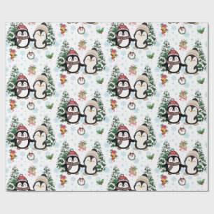 Papel de regalo de Navidad con pingüinos y copos d