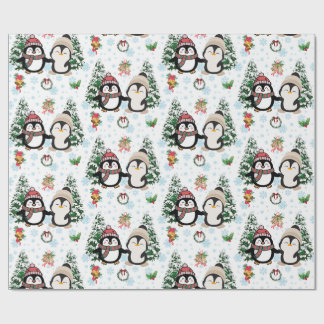 Papel de regalo de Navidad con pingüinos y copos d