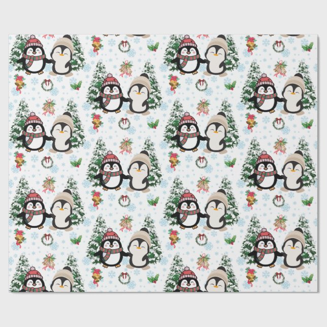 Papel de regalo de Navidad con pingüinos y copos d (Superficie plana)