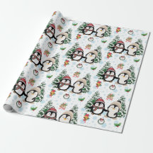 Papel de regalo de Navidad con pingüinos y copos d