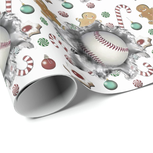 Papel de regalo de Navidad con tema de béisbol (Esquina del rollo)