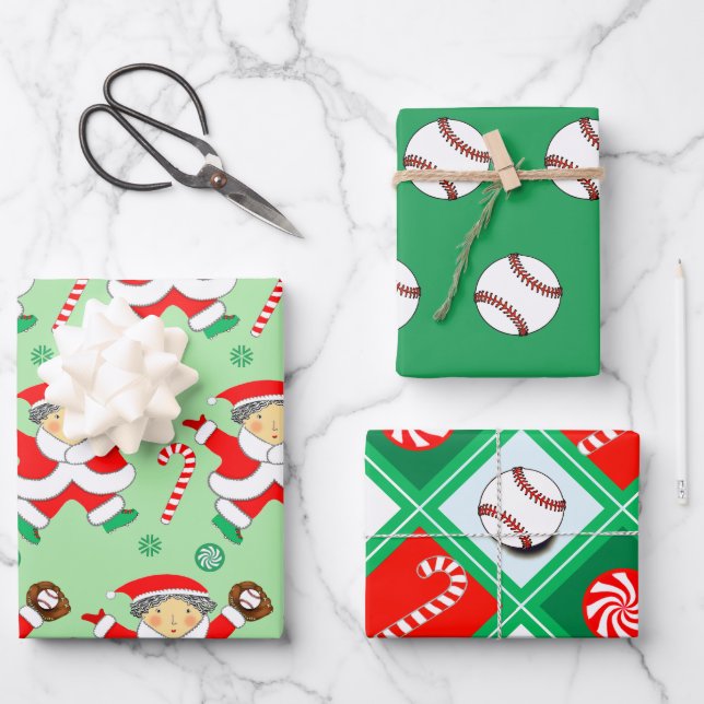 Papel de regalo de Navidad con tema de béisbol (Anverso)