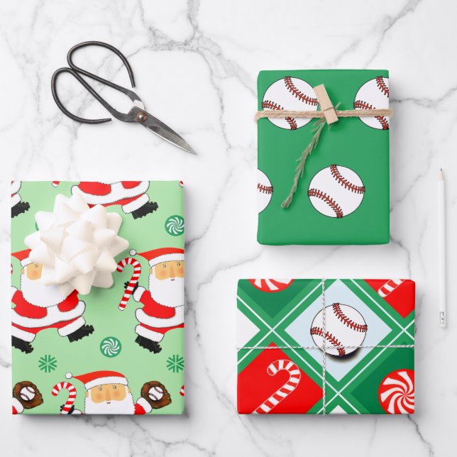 Papel de regalo de Navidad con tema de béisbol (Anverso)