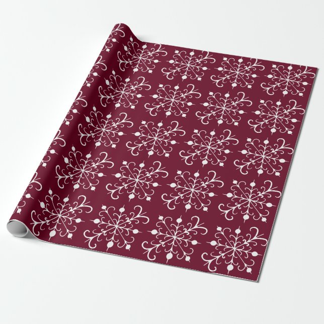 Papel de regalo de Navidad copos de nieve rojo vin (Desenrollado)