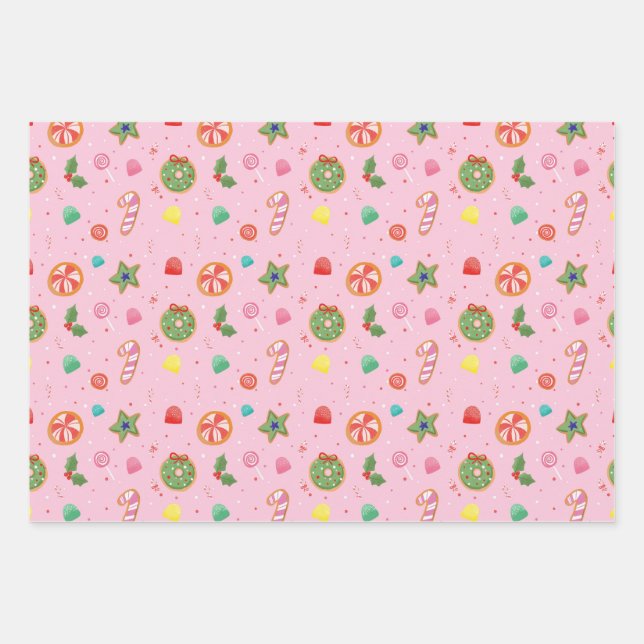Papel de Regalo de Navidad de Caramelo Rosa (Anverso)